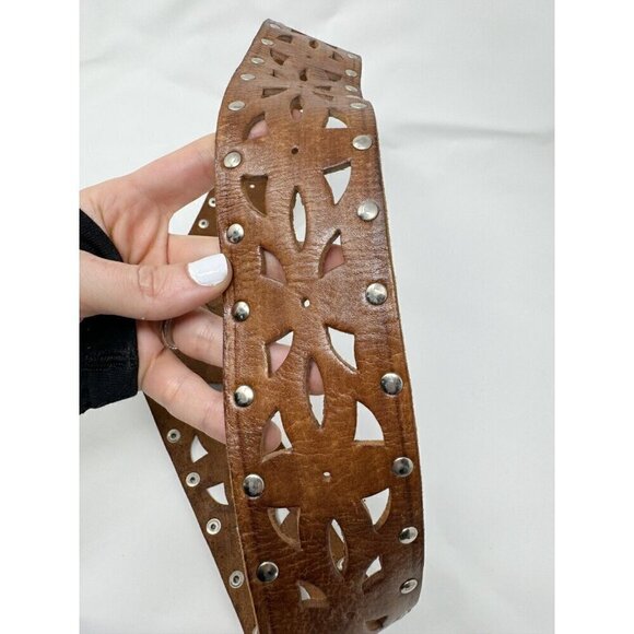 Chico's Sz M Wide Brown GENUINE LEATHER Studded Cowgirl Western Belt Perforated - Picture 5 of 9